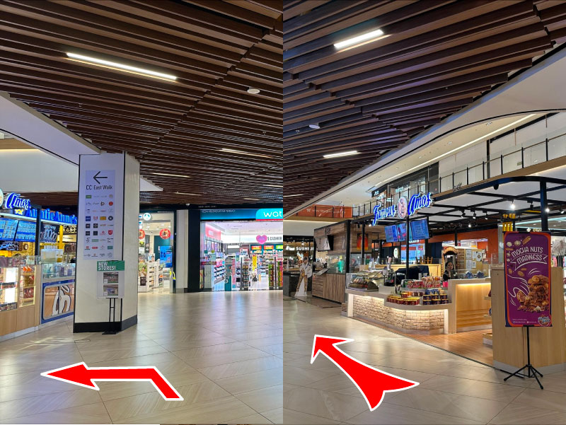 Once you enter Concourse Entrance, you will see Watson in front of you. Turn left and Famous Amos on your right.